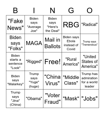 2020 Presidential Debate Bingo Card