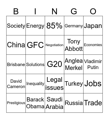 G20 Brisbane 2014 Bingo Card