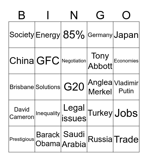 G20 Brisbane 2014 Bingo Card