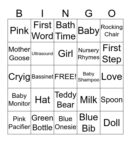 Jasmine's Baby Shower Bingo Card