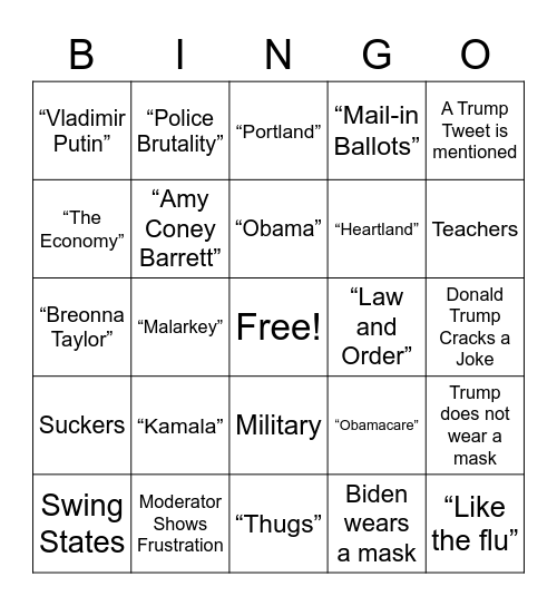 Presidential Debate Bingo Card