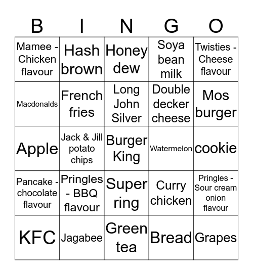 Food and snacks Bingo Card