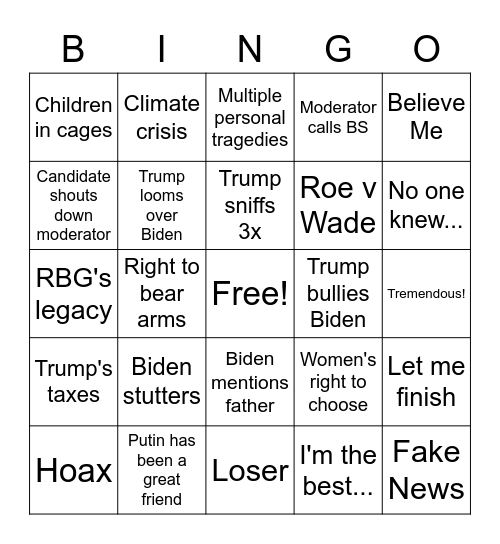 Biden vs. Trump Debate Bingo Card