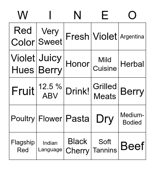 Astica Malbec Bingo Card