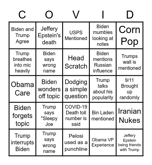 Trump VS Biden Bingo Card
