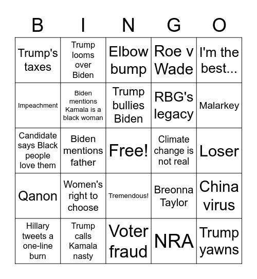 Biden vs. Trump Debate Bingo Card