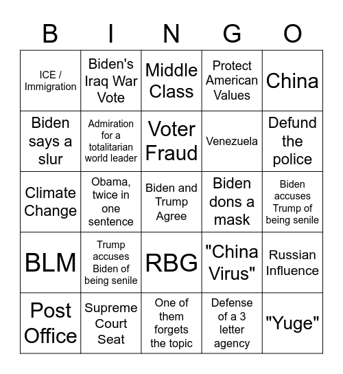 09/2020 Debate Bingo Card