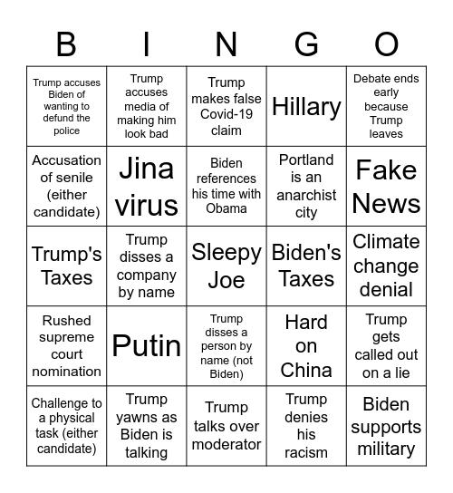 Trump Biden Bingo Card