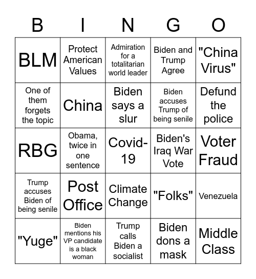 09/2020 Debate Bingo Card