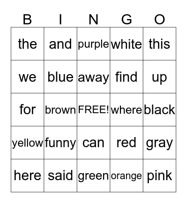 Sight Word Bingo Card