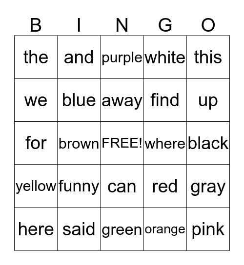 Sight Word Bingo Card