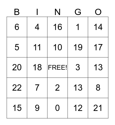 Addition Bingo to 22 Bingo Card
