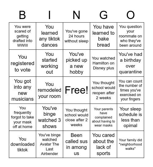 The 2020 Experience Bingo Card