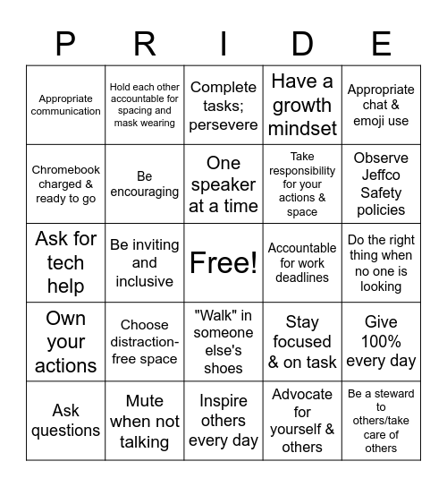 PBIS PRIDE Matrix Bingo Card