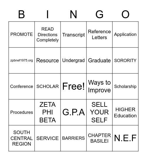 SCHOLARSHIP BINGO Card