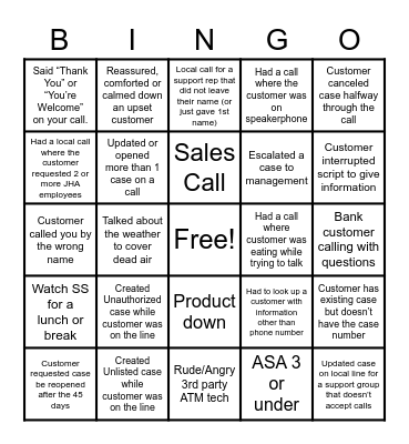 Customer Service Bingo Card