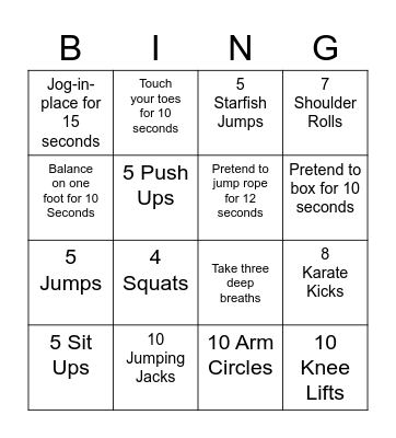 Fitness Bingo Card