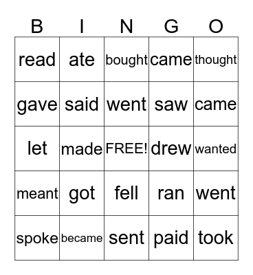 Verbs in the Past Tense Bingo Card