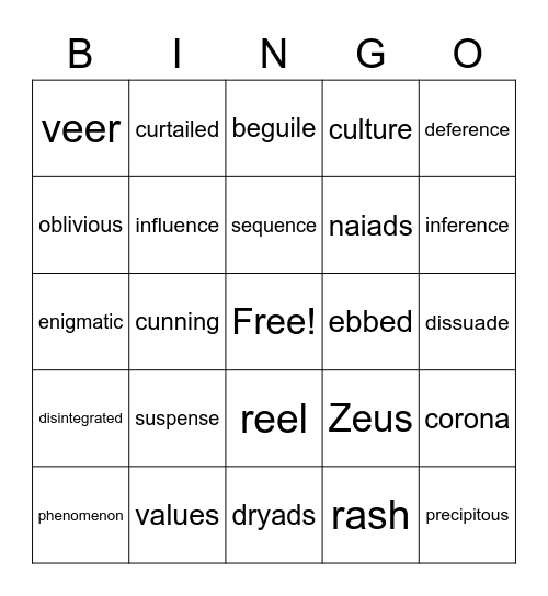 Mythology Vocabulary Bingo Card