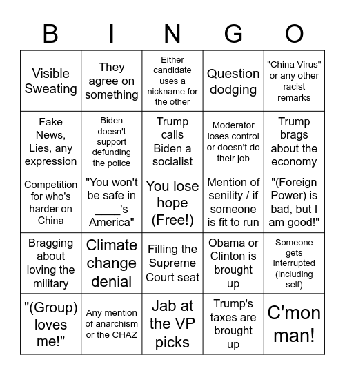 9/29 Debates Bingo Card