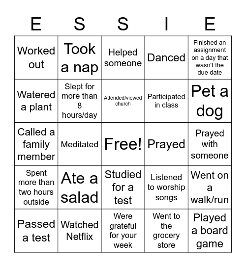 Essies Bingo... Last Week Bingo Card