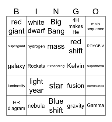 Star Vocabulary Bingo Card