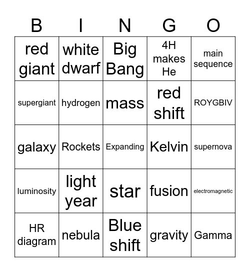 Star Vocabulary Bingo Card