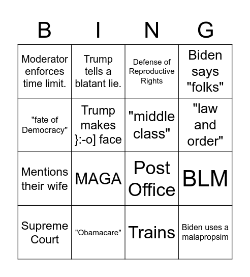 2020 Debate Night Bingo Card