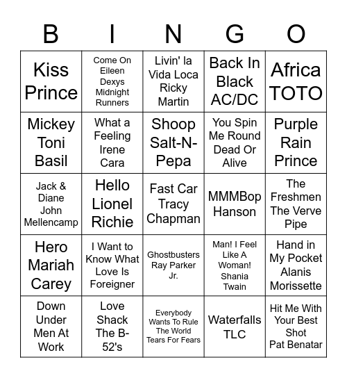 80's/90's BINGO Card