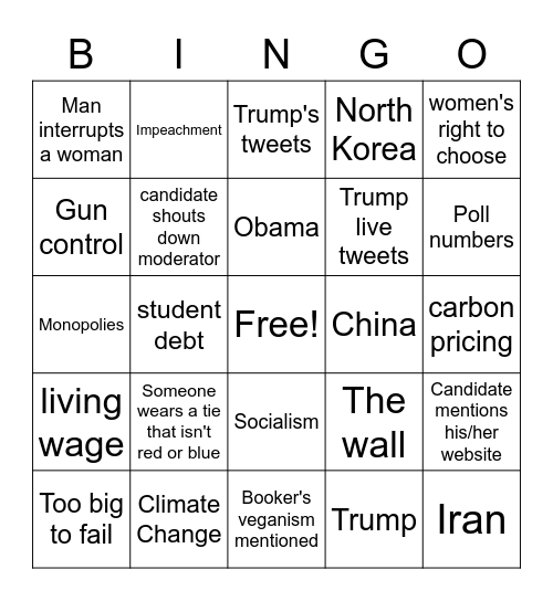 First Democratic Presidential Debate 2020 Bingo Card