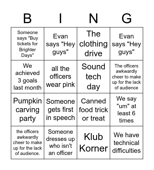October Thespian Bingo! Bingo Card