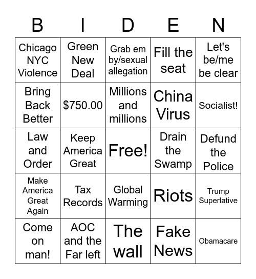 2020 DEBATE NIGHT #1 Bingo Card