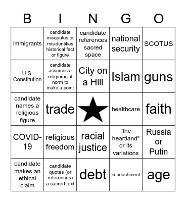 Presidential Debate Extra Credit Bingo Card