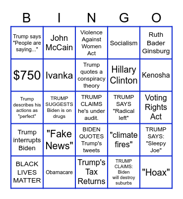 2020 Biden-Trump Debate Bingo Card