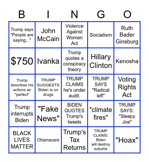 2020 Biden-Trump Debate Bingo Card