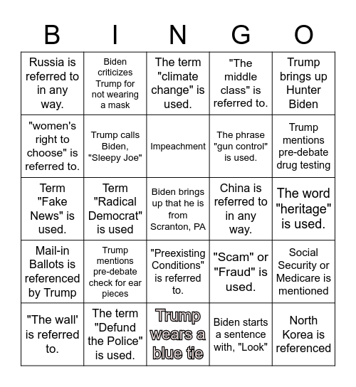 First Democratic Presidential Debate 2020 Bingo Card