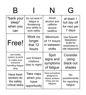 Shiftwork fatigue Bingo Card