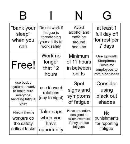 Shiftwork fatigue Bingo Card