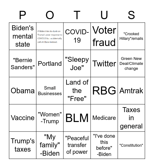 POTUS Debate 2020 Bingo Card