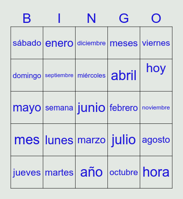 Días de la semana y meses Bingo Card