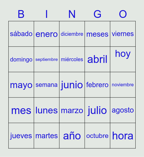 Días de la semana y meses Bingo Card