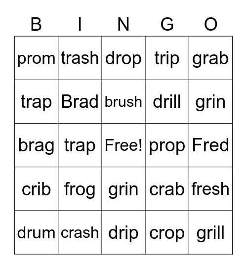 blends       fr, cr, br, dr, gr, pr, tr Bingo Card