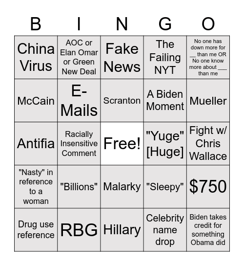 Presidential Debate Bingo Card