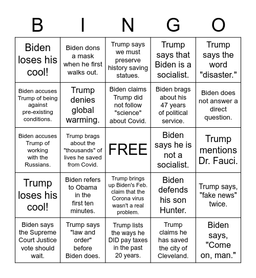 First Presidential Debate 2020 Bingo Card