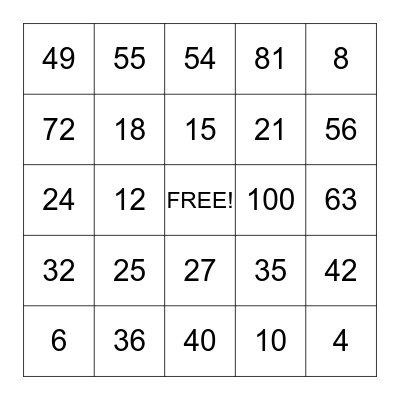 Multiplication Bingo Card