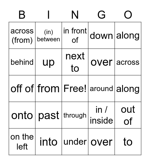 Prepositions 2 Bingo Card