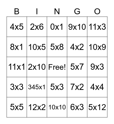 Multiplication Bingo Card