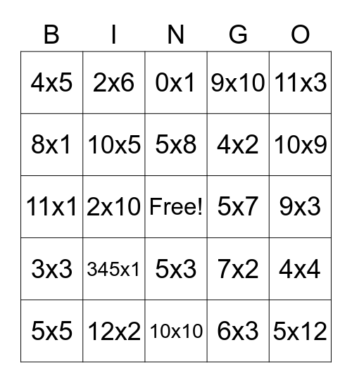 Multiplication Bingo Card