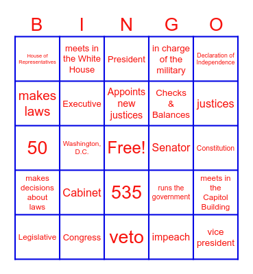 3 Branches of Government Bingo Card