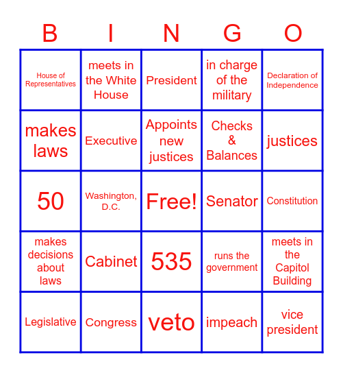 3 Branches of Government Bingo Card